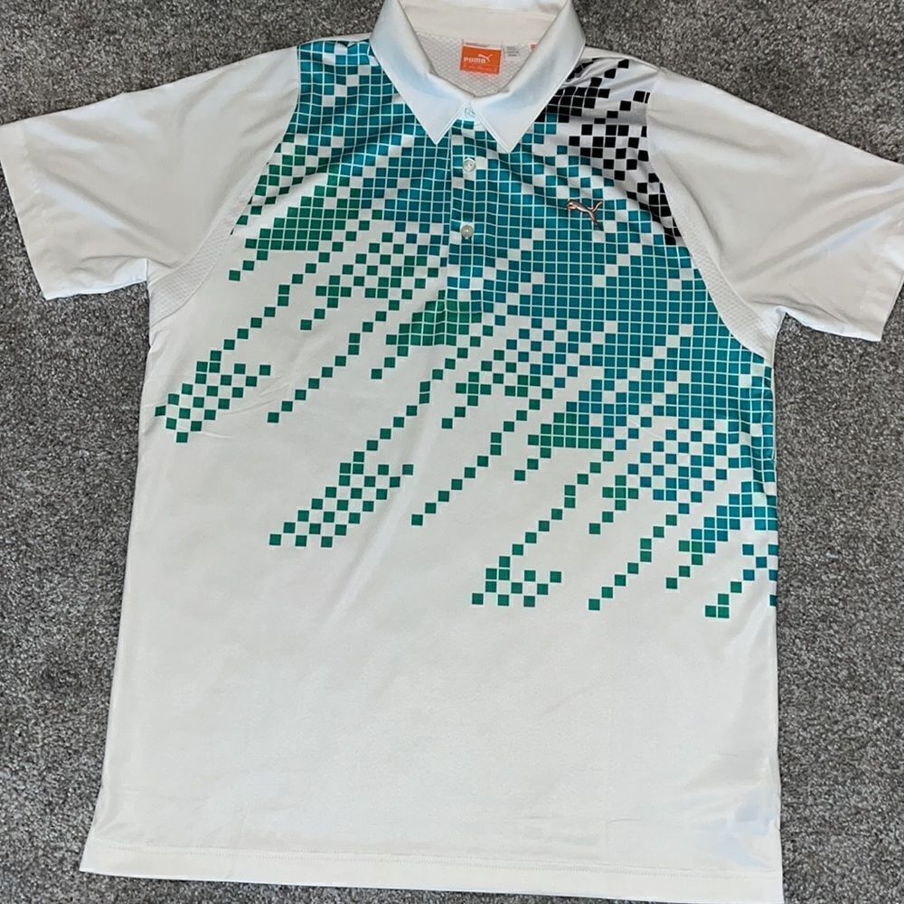 Beautiful Geometric Black Green Block Cool Cell Puma Rickie Fowler Golf Shirt M